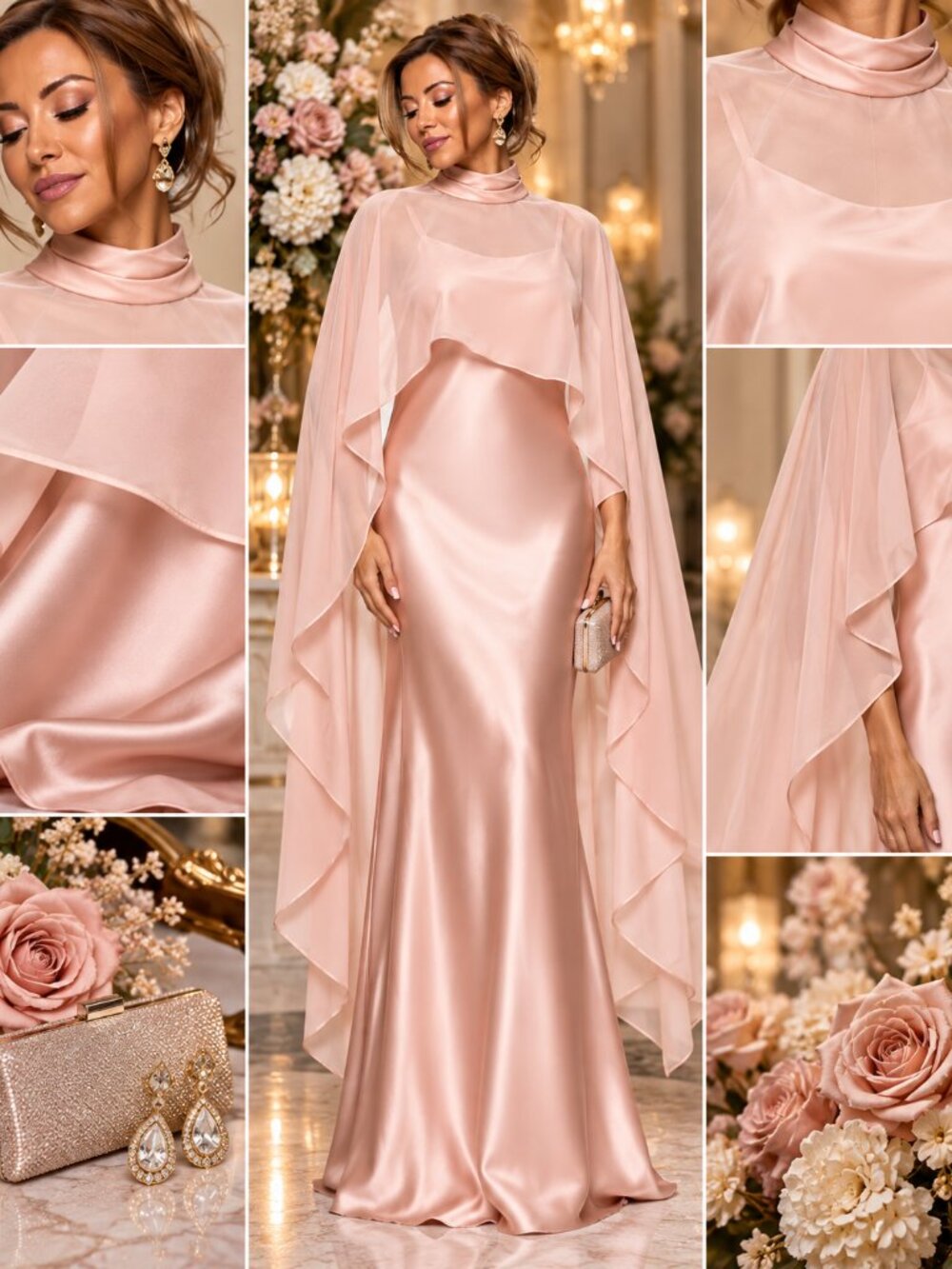 XSCAPE Size 14 Rose Gold Satin Chiffon Cape Overlay Formal Gown NWT